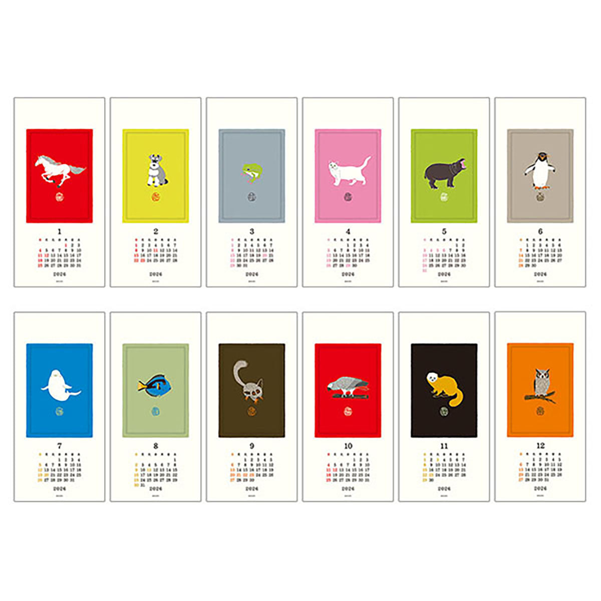 Kalendarz ścienny 2026 Echizen S – Animal, Midori, papierniczy design