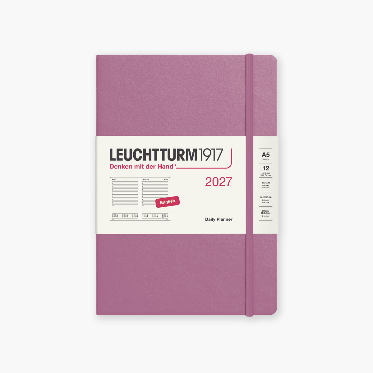 Dzienny kalendarz A5 na rok 2027 w kolorze różowym od marki Leuchtturm1917.
