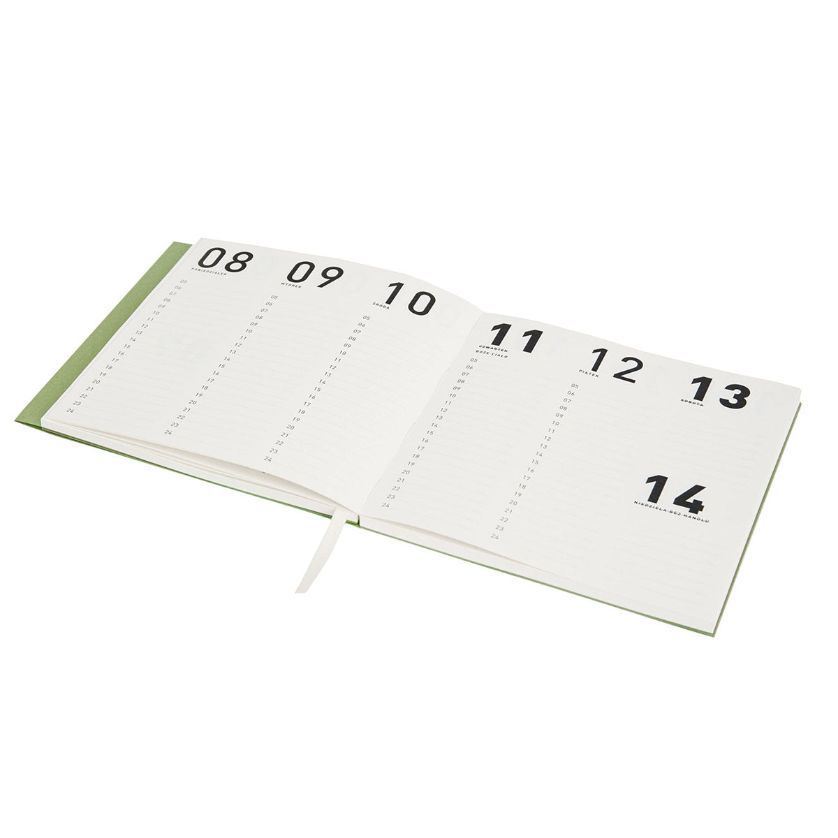 Kalendarz Recycled Calendar 2027 Grass otwarty na rozkładówce tygodniowej w orientacji pionowej.