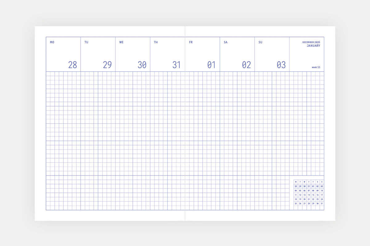Rozkładówka tygodniowa kalendarza Grid na rok 2027 w orientacji pionowej.