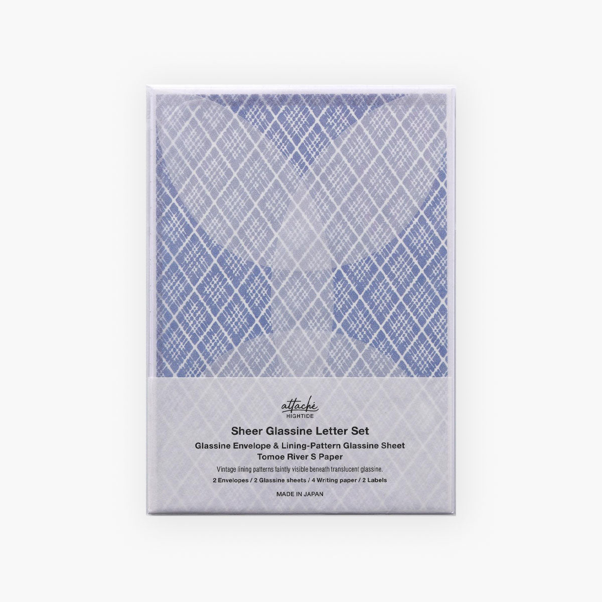 Opakowanie zestawu do pisania listów z kopertami z półprzeźroczystego papieru i ozdobnymi arkuszami do zasłonięcia tekstu listu w kolorze niebieskim.