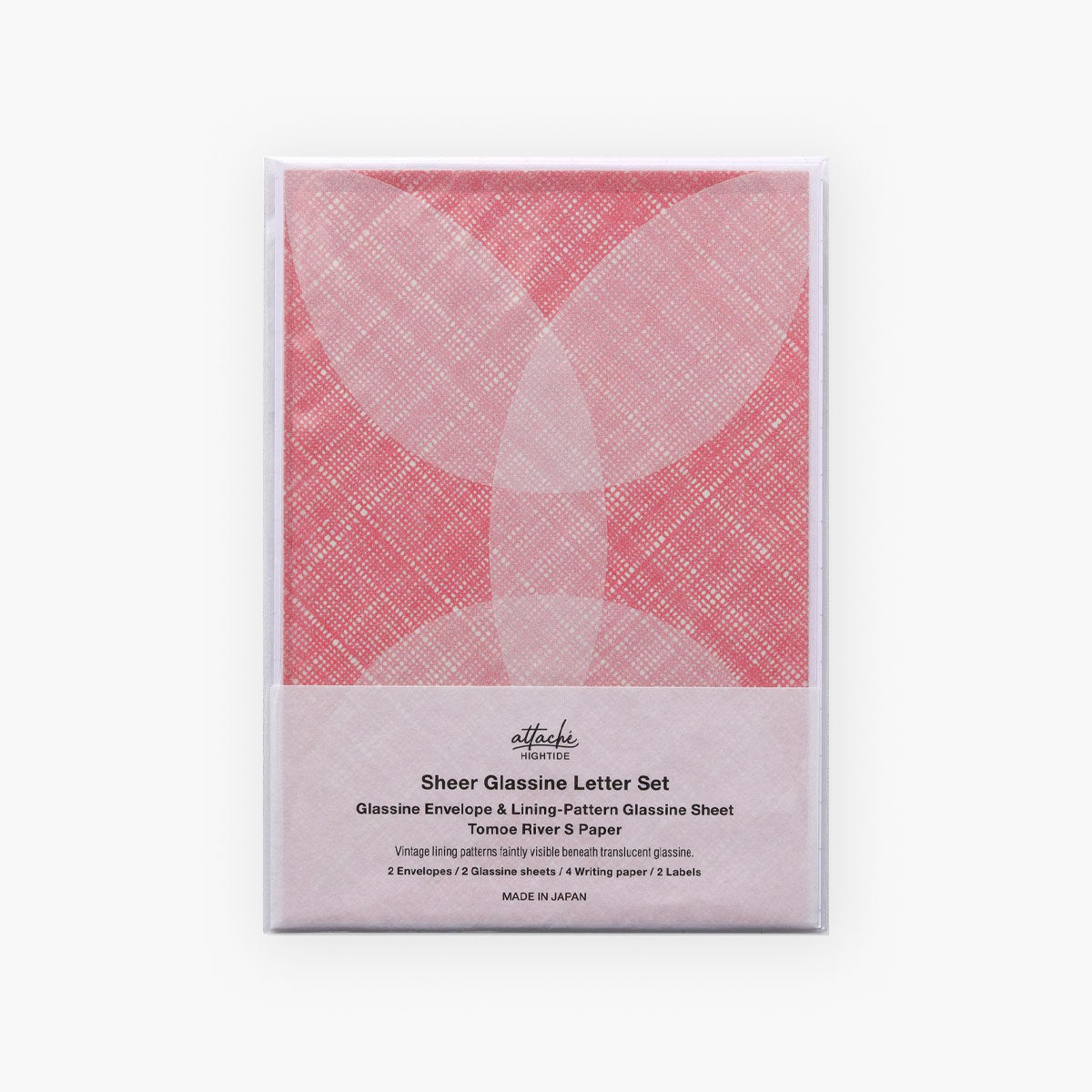 Opakowanie zestawu do pisania listów z kopertami z półprzeźroczystego papieru i ozdobnymi arkuszami do zasłonięcia tekstu listu w kolorze czerwonym.