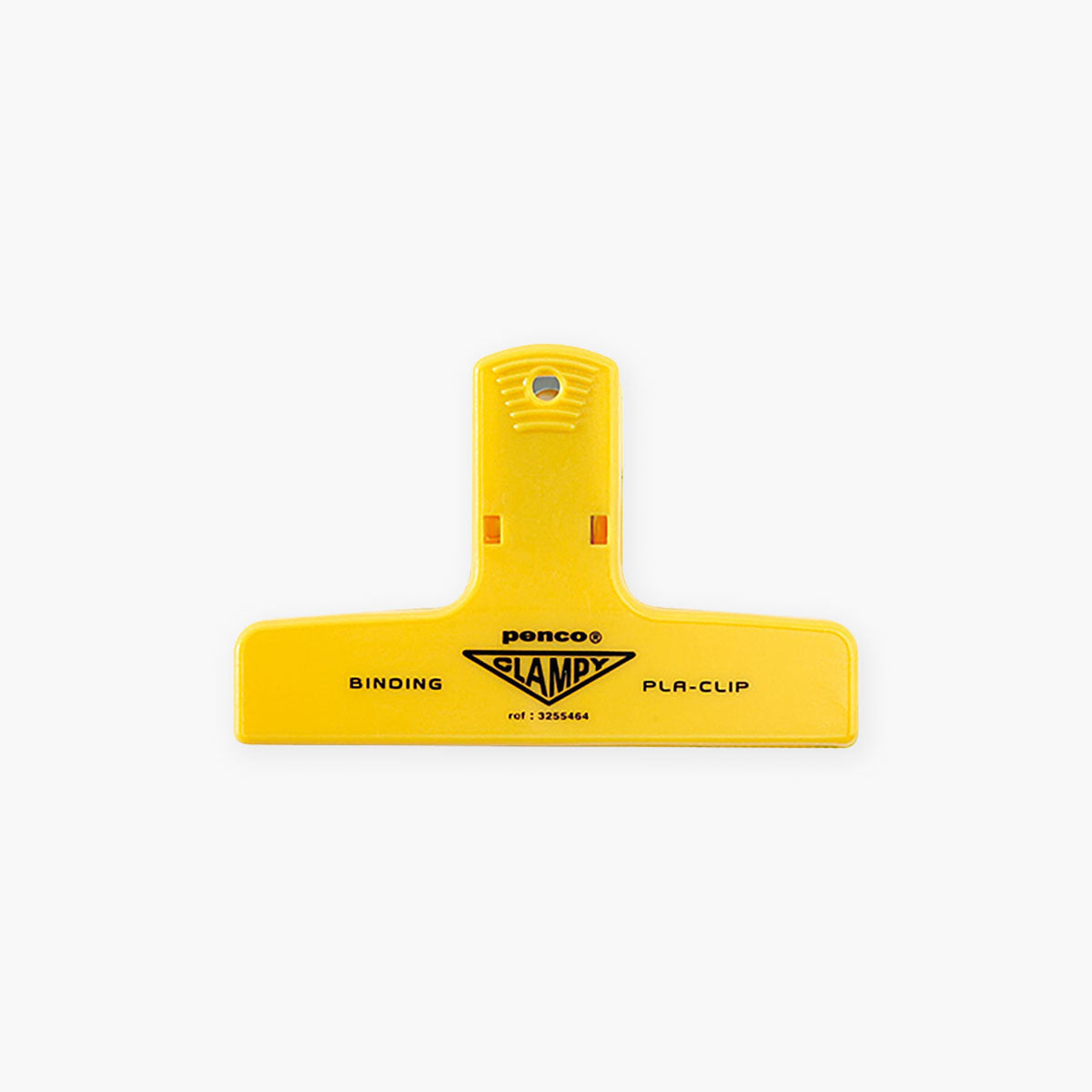 Plastikowy klips do papieru w kolorze żółtym z czarnym napisem z nazwą marki Penco.