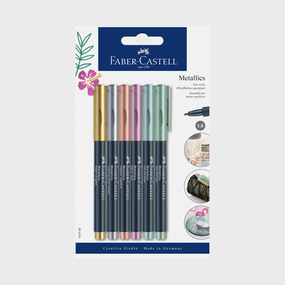 Zestaw pisaków metalicznych do różnych powierzchni marki Faber-Castell, wodoodporne, bulletjournal, domowebiuro