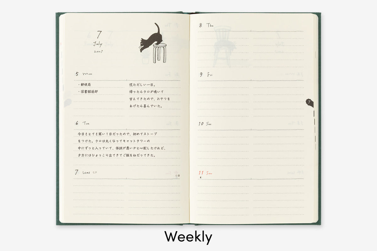 Rozkładówka tygodniowa w orientacji poziomej kalendarza Midori Book Style Diary.