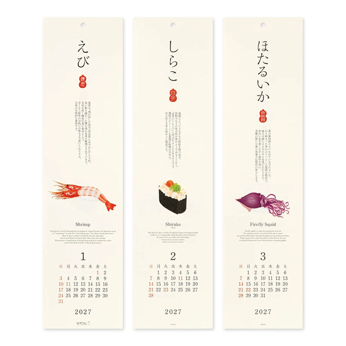 Kalendarz z japońskiego papieru Washi w kremowym kolorze od marki Midori z motywem sushi.