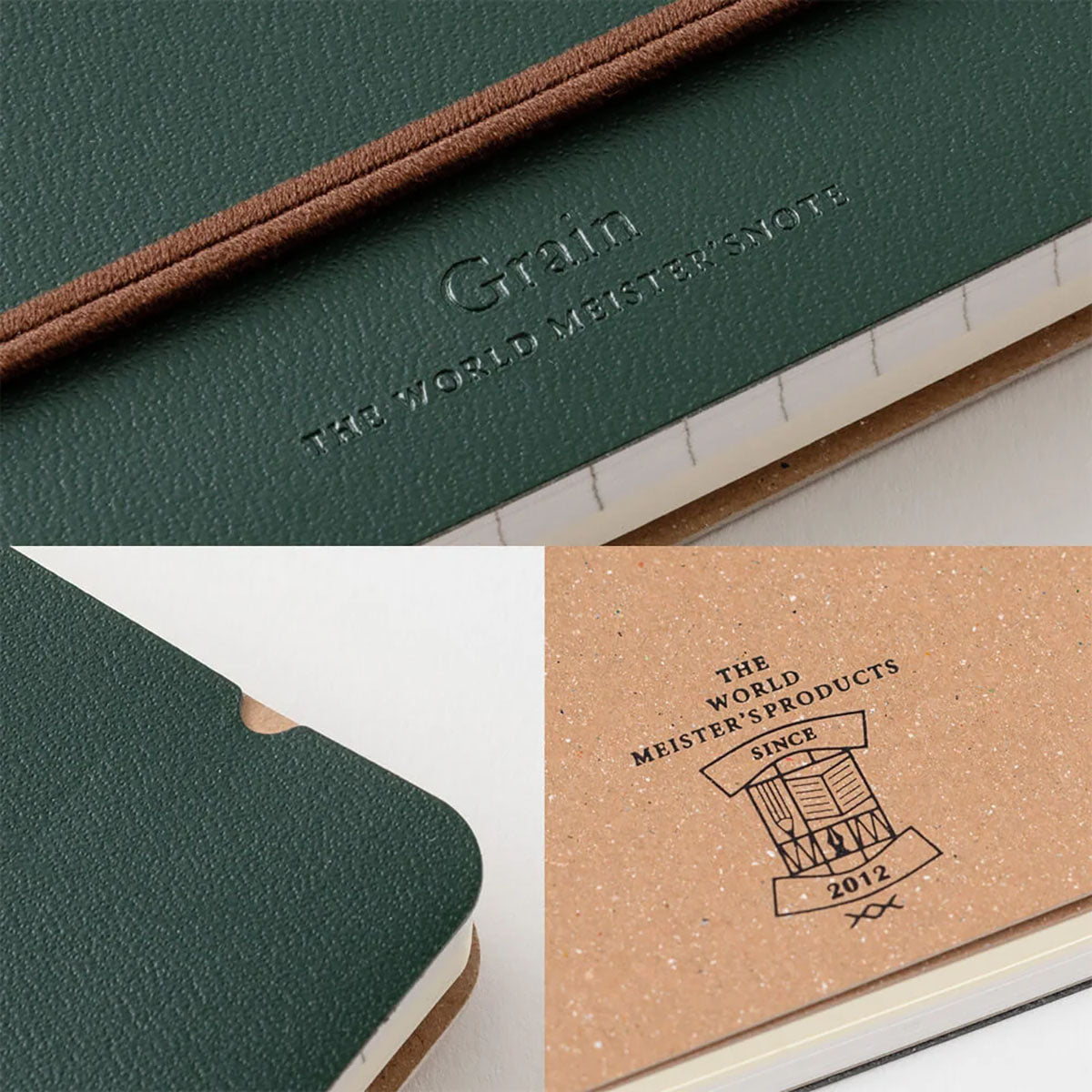 Detale zielonego notatnika z metalową spiralą i skórzaną okładką.