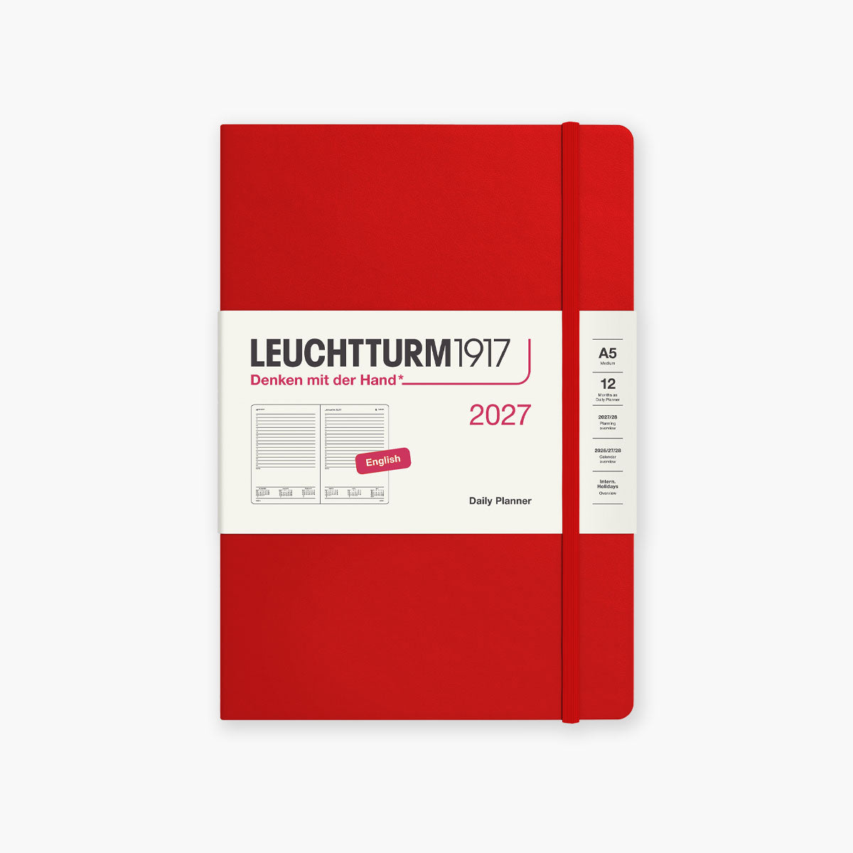 Dzienny kalendarz A5 na rok 2027 w kolorze czerwonym od marki Leuchtturm1917.