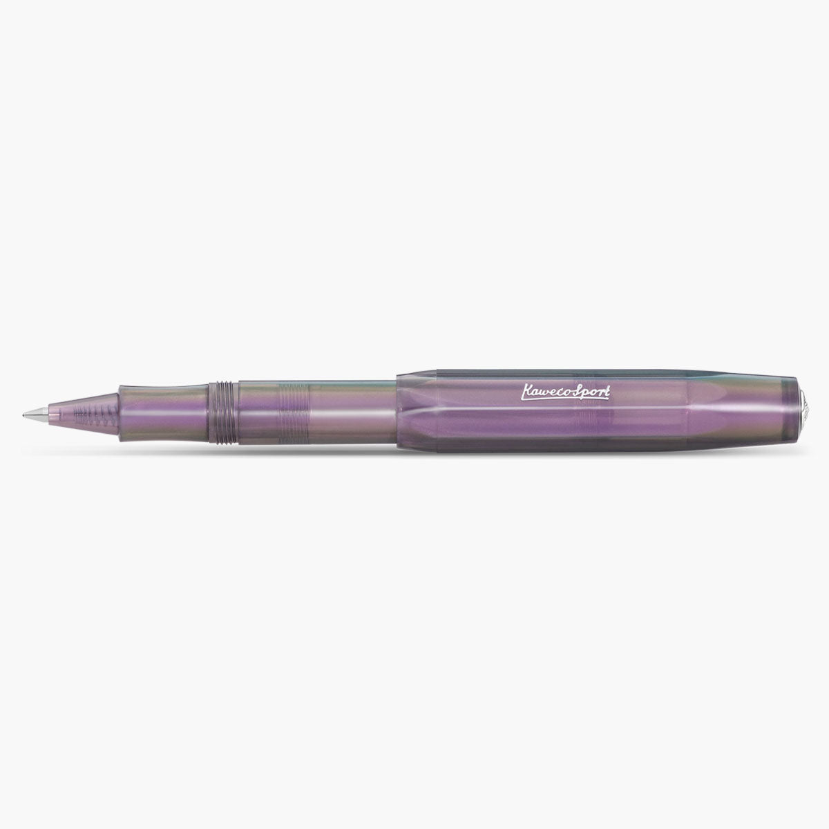 Pióro kulkowe Kaweco Lunar Sport Shadow Purple w kolorach fioletowo-niebieskich ze srebrną stalówką i napisem Kaweco Sport.