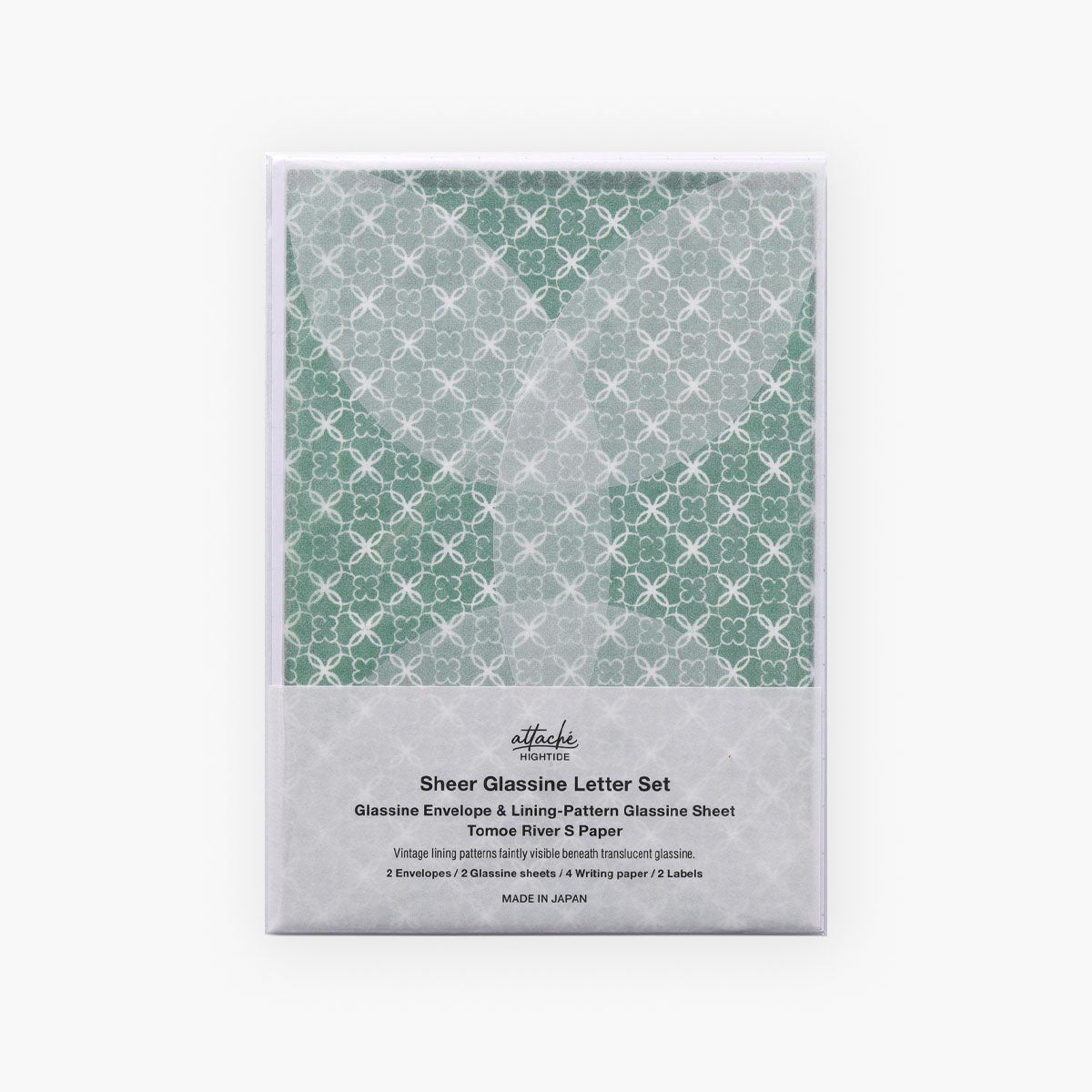 Opakowanie zestawu do pisania listów z kopertami z półprzeźroczystego papieru i ozdobnymi arkuszami do zasłonięcia tekstu listu w kolorze zielonym.