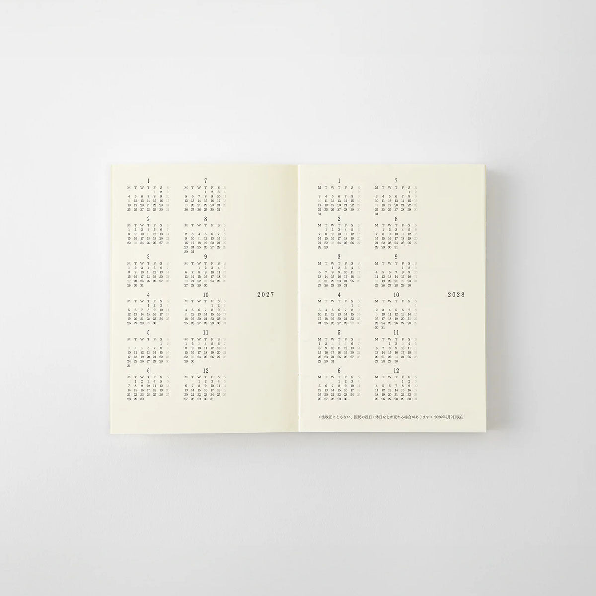 Rozpiska roczna w kalendarzu MD Product na lata 2027 i 2028.