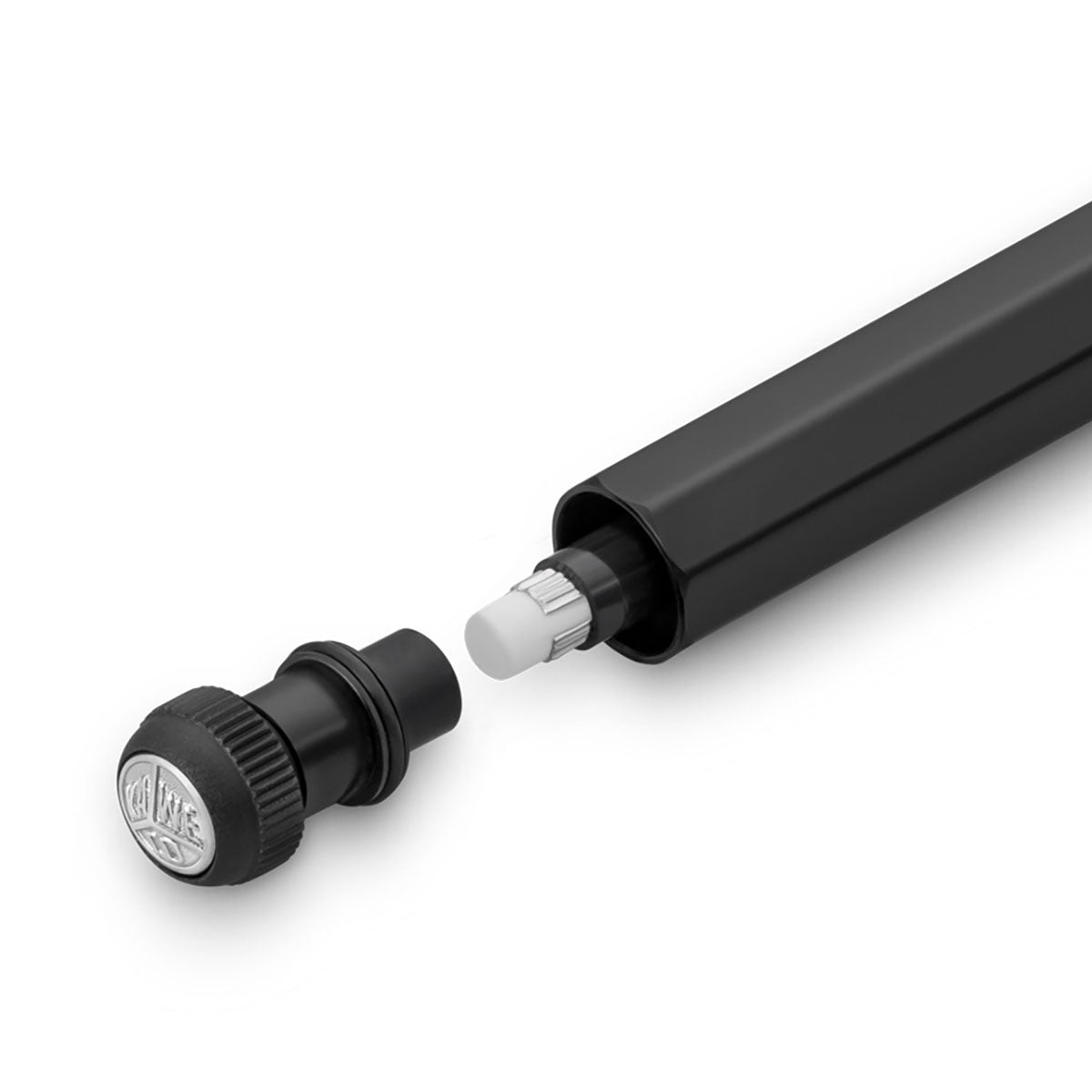 Aluminiowy długopis Kaweco z kolekcji SPECIAL w kolorze czarnym z gumką do ścierania ukrytą w przycisku.