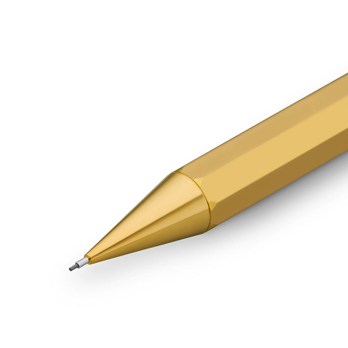 Mosiężny ołówek mechaniczny Kaweco z kolekcji SPECIAL w kolorze złotym oraz z wysuniętym wkładem.