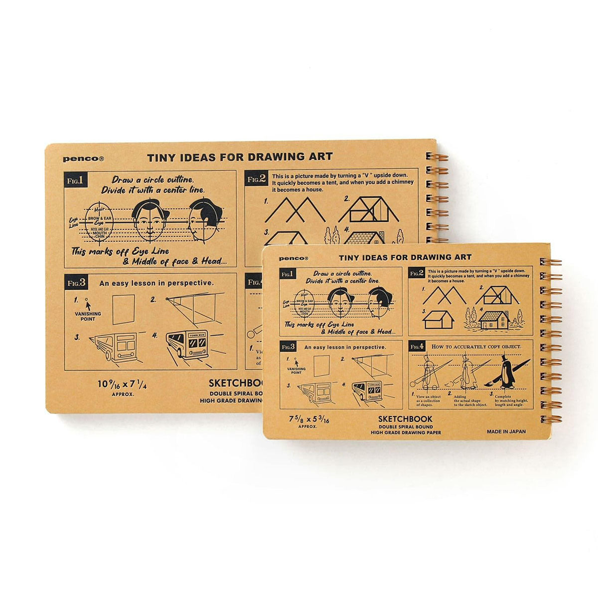 Tylna okładka dwóch rozmiarów szkicownika marki Penco z pomysłami i wskazówkami do tworzenia rysunków.