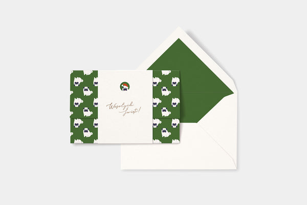 Kartka – świąteczny mops, Papear, kartka okolicznościowa, sklep papierniczy, domowe biuro