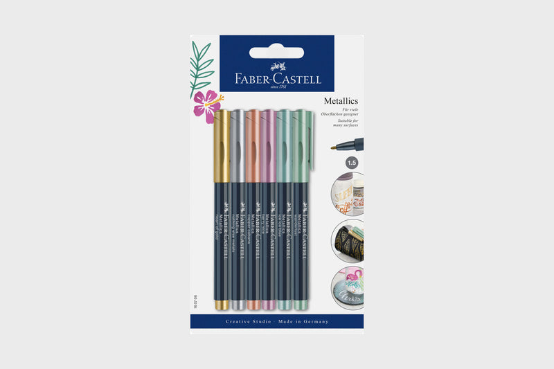 Zestaw pisaków metalicznych do różnych powierzchni marki Faber-Castell, wodoodporne, bulletjournal, domowebiuro